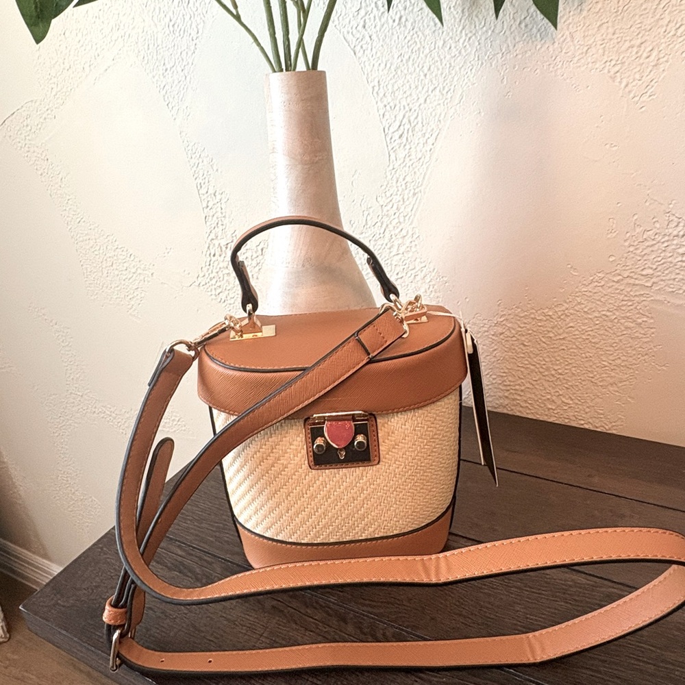 Brown and Cream Women's Handbag